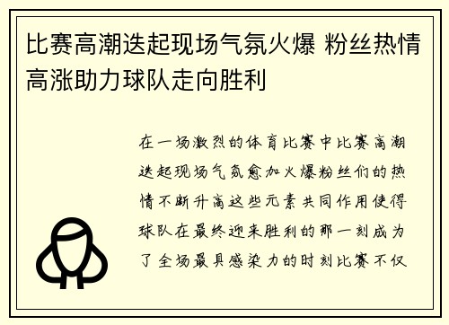 比赛高潮迭起现场气氛火爆 粉丝热情高涨助力球队走向胜利