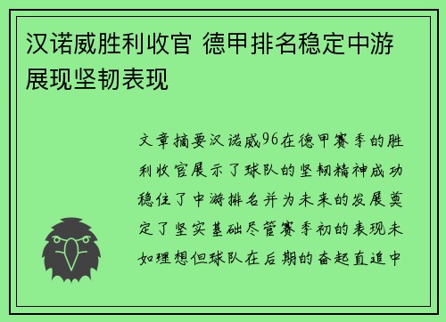 汉诺威胜利收官 德甲排名稳定中游 展现坚韧表现